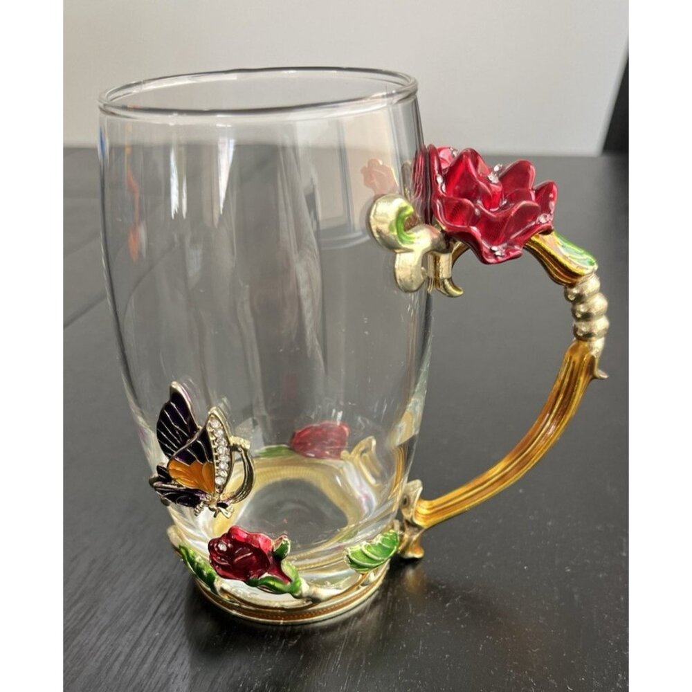 ARC France Glass Coffee Tea Cup Fairy Jeweled Enamel Red Rose Purple Butterfly